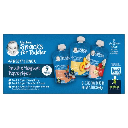 Gerber Fruit & Yogurt Favorites Baby Food Variety Pack, Toddler, 12+ Months, 3.5 oz, 9 count