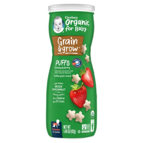 Gerber Organic for Baby Puffs Strawberry Puffed Grain Snack Baby Food, Crawler, 8+ Months, 1.48 oz