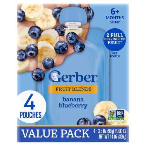 Gerber Banana Blueberry Fruit Blends Baby Food Value Pack, 6+ Months Sitter, 3.5 oz, 4 count