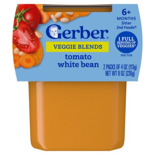 Gerber 2nd Foods Tomato White Bean Veggie Blends Baby Food, 6+ Months Sitter, 4 oz, 2 count