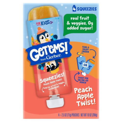 Gerber Get'ems! Peach Apple Twist! Squeezies!, For Kids 3+, 2.5 oz, 4 count