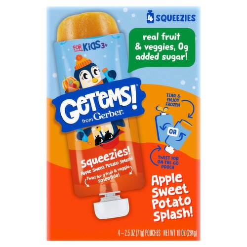 Gerber Get'ems! Apple Sweet Potato Splash! Squeezies!, For Kids 3+, 2.5 oz, 4 Count