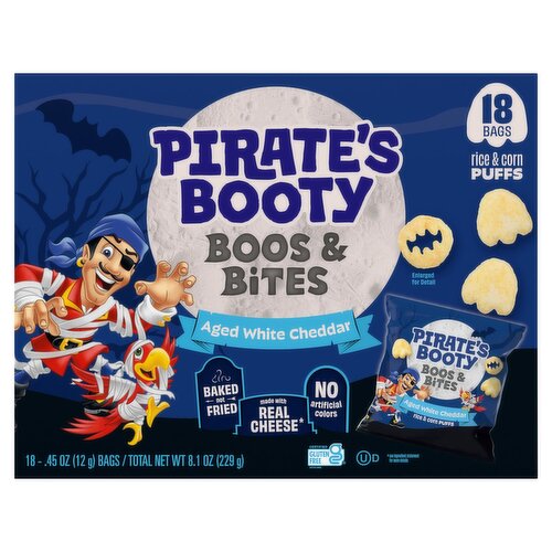 Pirate's Booty Boos & Bites Aged White Cheddar Rice & Corn Puffs, 0.45 oz, 18 count