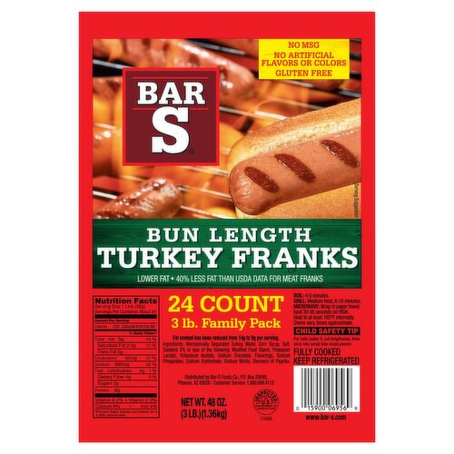Bar-S Bun Length Turkey Franks Family Pack, 24 count, 48 oz