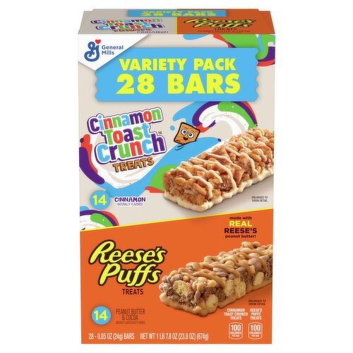 General Mills Cinnamon Toast Crunch and Reese's Puffs Treat Bars Variety Pack, 0.85 oz, 28 count