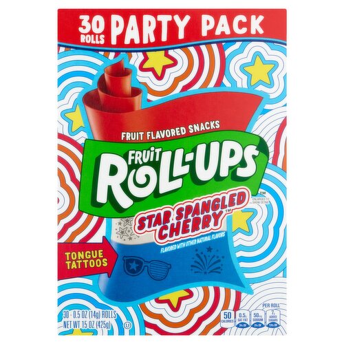 Fruit Roll-Ups Star Spangled Cherry Fruit Flavored Snacks Party Pack, 0.5 oz, 30 count