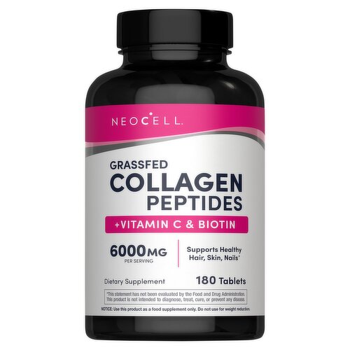 NeoCell Grassfed Collagen Peptides + Vitamin C & Biotin Dietary Supplement, 6000 mg, 180 count