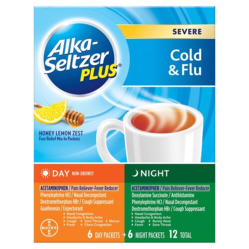 Alka-Seltzer Plus Honey Lemon Zest Severe Cold & Flu Day and Night Packets, 12 count