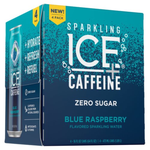 Sparkling Ice +Caffeine Zero Sugar Blue Raspberry Flavored Sparkling Water, 16 fl oz, 4 count