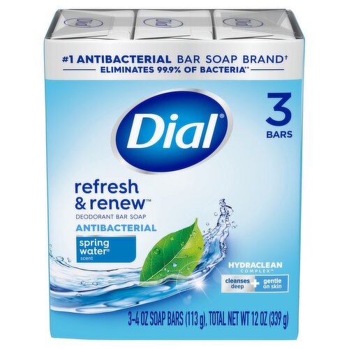 Dial Refresh & Renew Spring Water Scent Antibacterial Deodorant Bar Soap, 4 oz, 3 count