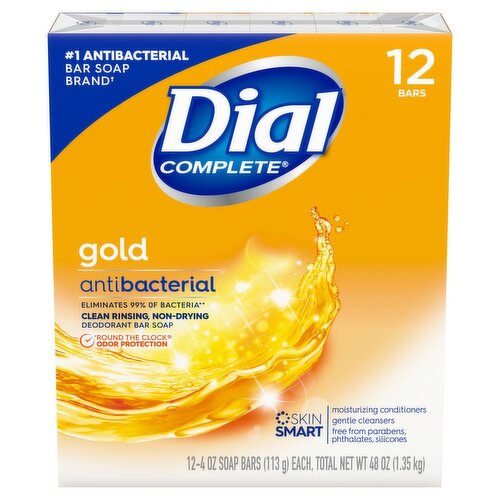 Dial Complete Gold Antibacterial Deodorant Bar Soap, 4 oz, 12 count