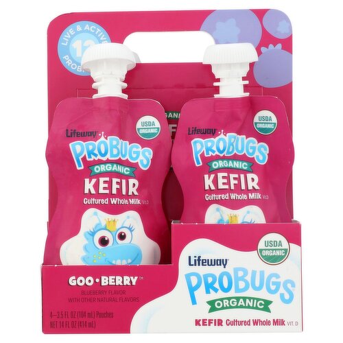 Lifeway Probugs Organic Goo Berry Blueberry Flavor Cultured Whole Milk Kefir, 3.5 fl oz, 4 count