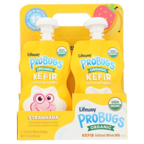 Lifeway Probugs Organic Strawnana Cultured Whole Milk Kefir, 3.5 fl oz, 4 count