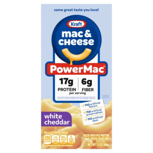 Kraft PowerMac White Cheddar Mac & Cheese Pasta with Pea Protein & Cheese Sauce Mix, 7.3 oz
