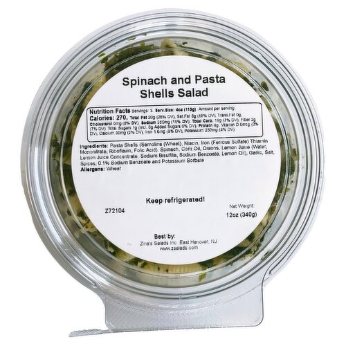 Zina's Salads Spinach and Pasta Shells Salad, 12 oz