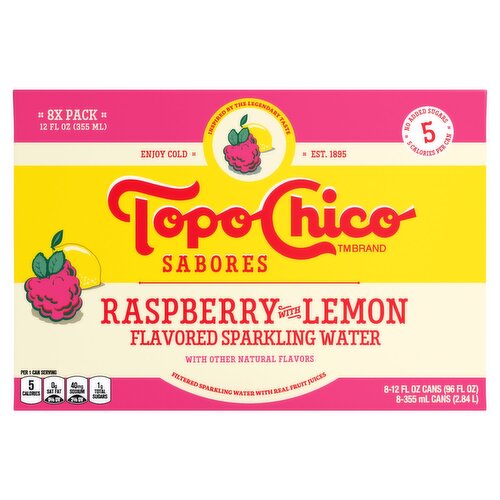 Topo Chico Sabores Raspberry with Lemon Flavored Sparkling Water, 12 fl oz, 8 count