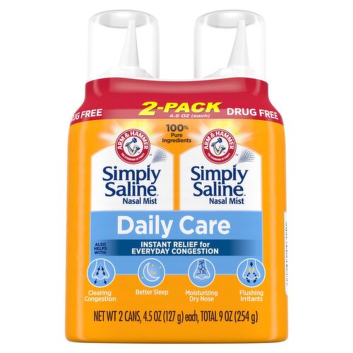 Arm & Hammer Simply Saline Drug Free Daily Care Nasal Mist, 4.5 oz, 2 Count