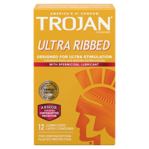 TROJAN Ultra Ribbed Lubricated Latex Condoms, 12 count