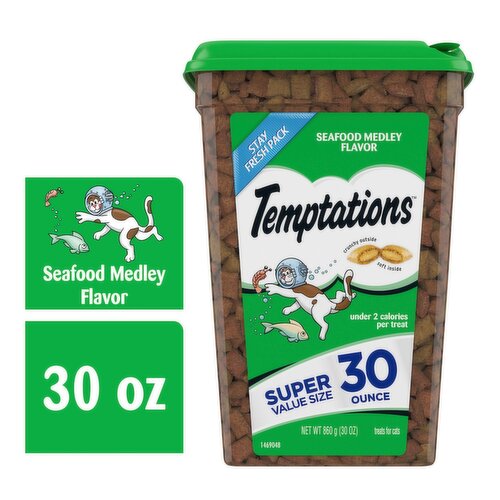 TEMPTATIONS Classic Crunchy and Soft Cat Treats Seafood Medley Flavor, 30 oz. Tub