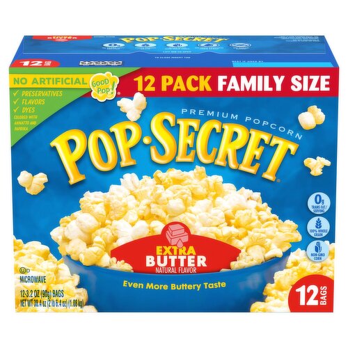 Pop Secret Extra Butter Premium Microwave Premiun Popcorn Family Size, 3.2 oz, 12 count