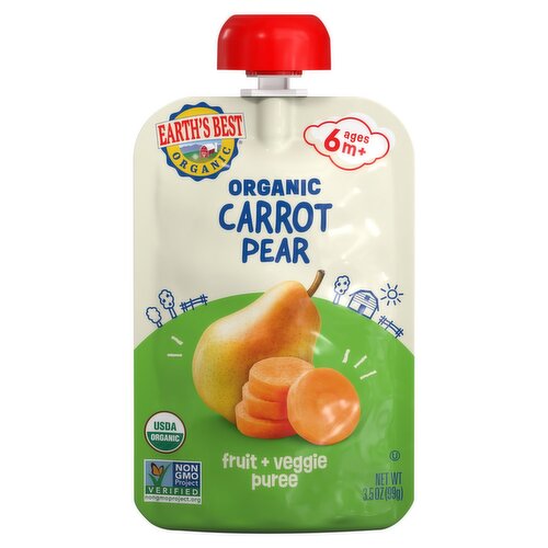 Earth's Best Organic Carrot Pear Fruit + Veggie Puree Baby Food, Ages 6 m+, 3.5 oz