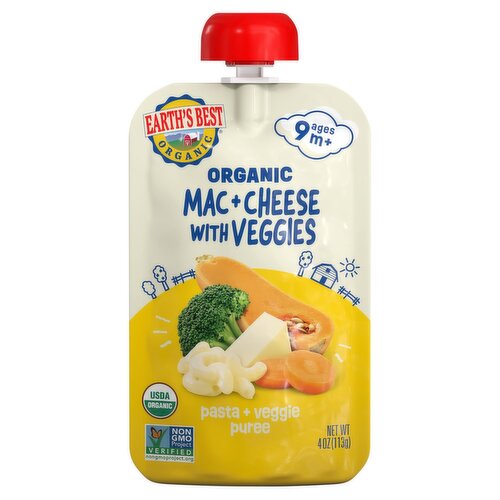 Earth's Best Organic Organic Mac+Cheese with Veggies Pasta + Veggie Puree Baby Food, Ages 9 m+, 4 oz