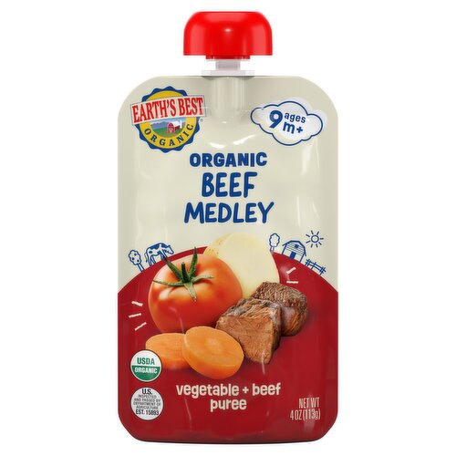 Earth's Best Organic Beef Medley Vegetable + Beef Puree Baby Food, Ages 9 m+, 4 oz