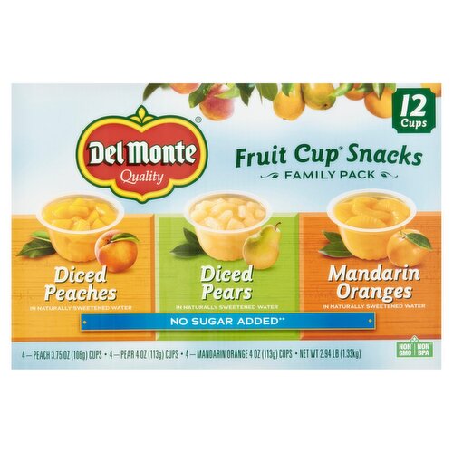 Del Monte No Sugar Added Fruit Cup Snacks Family Pack, 12 count, 2.94 lb