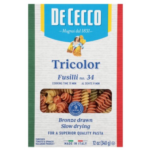 De Cecco Tricolor Fusilli No. 34 Tomato & Spinach Bronze Drawn Slow Drying Pasta, 12 oz