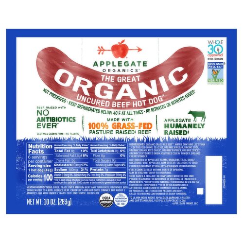 Applegate Organics The Great Organic Uncured Beef Hot Dog, 6 count, 10 oz