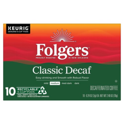 Folgers Classic Decaf Medium Decaffeinated Coffee K-Cup Pods, 0.24 oz, 10 count