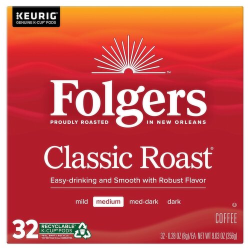 Folgers Classic Roast Medium Coffee K-Cup Pods, 0.28 oz, 32 count