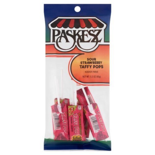 Paskesz Sour Strawberry Taffy Pops, 3.2 oz