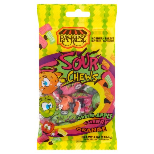 Paskesz Green-Apple, Cherry, Orange Sour Chews, 4 oz