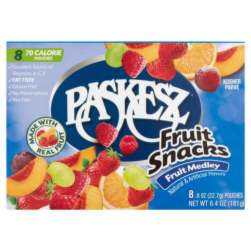 Paskesz Fruit Medley Fruit Snacks, 0.8 oz, 8 count