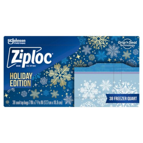 Ziploc Brand Freezer Quart Seal Top Bags Holiday Edition, 38 count