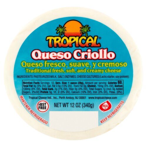 Tropical Queso Criollo-Traditional Fresh, Soft, and Creamy Cheese, 12 oz