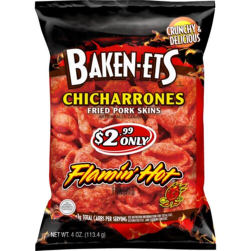 Baken-ets Chicharrones Fried Pork Skins Flamin' Hot Flavored 4 Oz