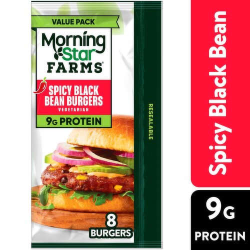 MorningStar Farms Spicy Black Bean Plant-Based Burgers Value Pack, 8 count, 18.9 oz