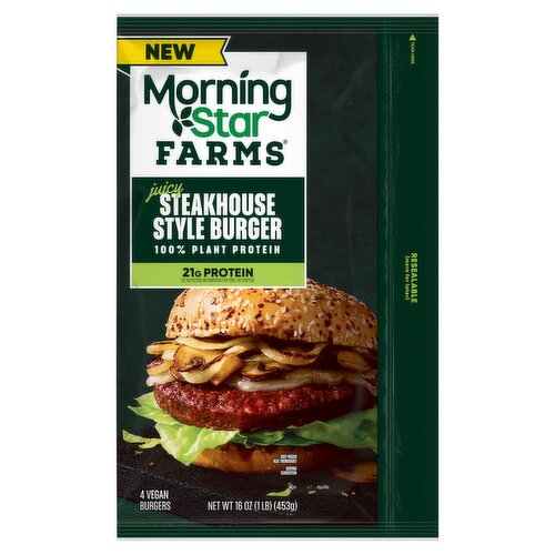 Morning Star Farms Juicy Steakhouse Style Vegan Burgers, 4 count, 16 oz