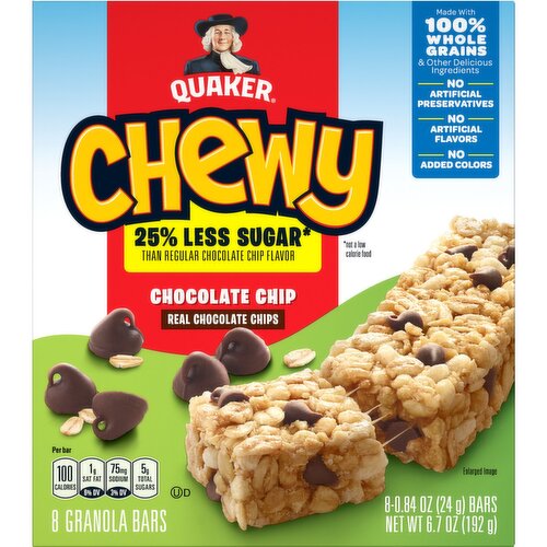 Quaker Chewy Granola Bars Less Sugar Chocolate Chip 0.84 Oz, 8 Ct