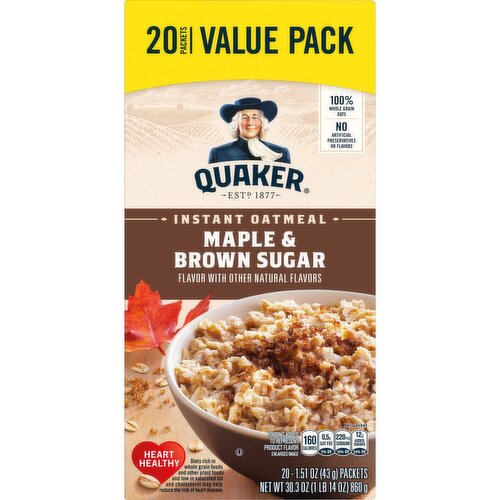 Quaker Instant Oatmeal Maple & Brown Sugar Flavor 1.51 Oz, 20 Count