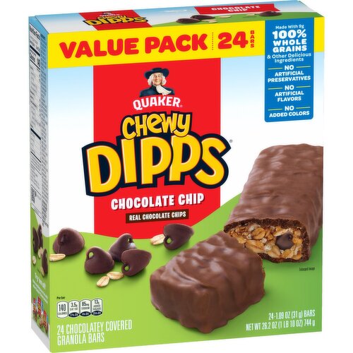 Quaker Chewy Dipps Chocolatey Covered Granola Bars Chocolate Chip 1.09 Oz, 24 Count