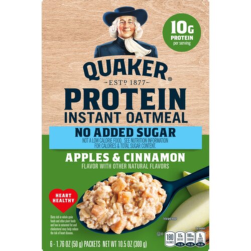 Quaker Protein No Added Sugar Apples & Cinnamon Instant Oatmeal, 1.76 oz, 6 count