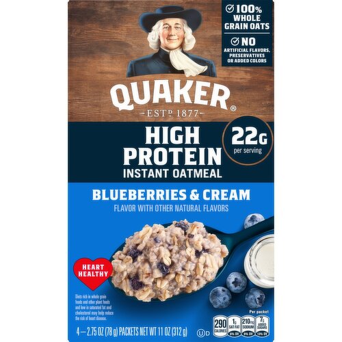 Quaker High Protein Instant Oatmeal Blueberries & Cream, 2.75 Oz X 4