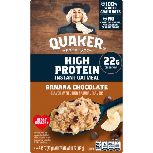 Quaker High Protein Instant Oatmeal Banana & Chocolate, 2.75 Oz X 4