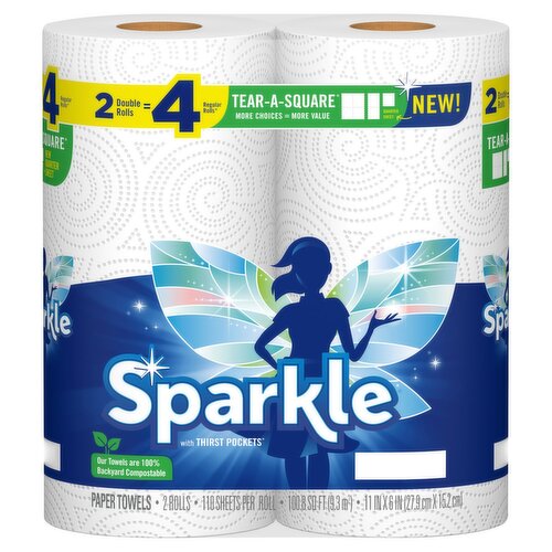 Sparkle Tear-A-Square Double Rolls Paper Towels with Thirst Pockets, 2 count