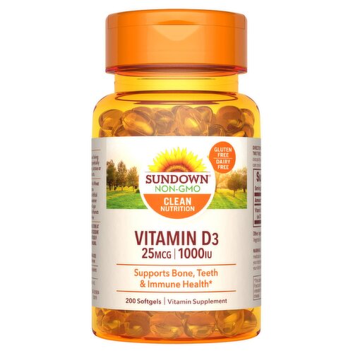 Sundown Clean Nutrition Vitamin D3 Vitamin Supplement, 25 mcg 1000 IU, 200 count