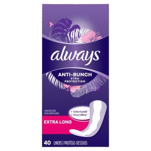 Always Anti-Bunch Xtra Protection Extra Long Liners, 40 count