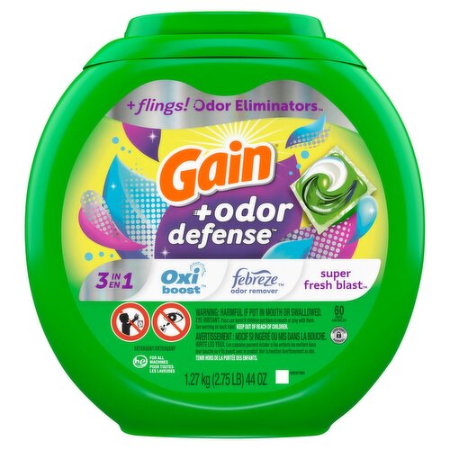 Gain + Odor Defense 3 in 1 Oxi Febreze Super Fresh Blast Detergent, 60 count, 40 oz